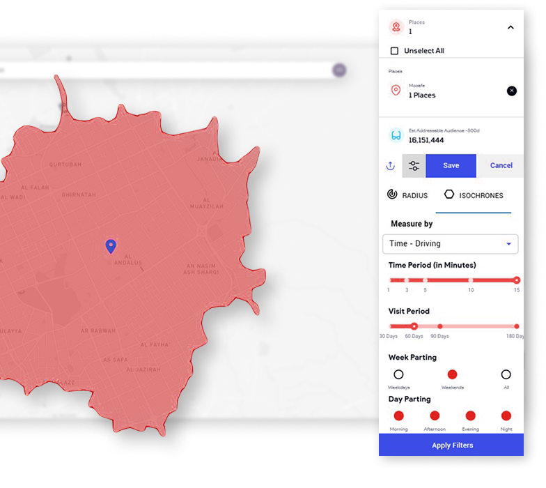 AllPings geo-intelligence tool showing map radius, distance, time travelled, and behavioral filters for location-based audience analysis and targeting.