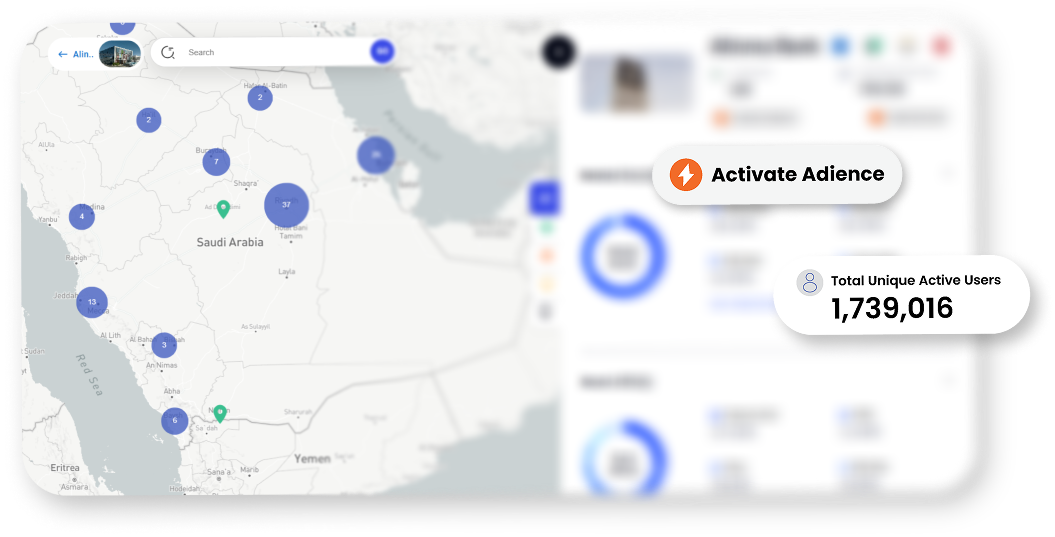 AllPings mobility data platform dashboard showing audience activation, map visualization, and user insights for real-world marketing analytics in the GCC.
